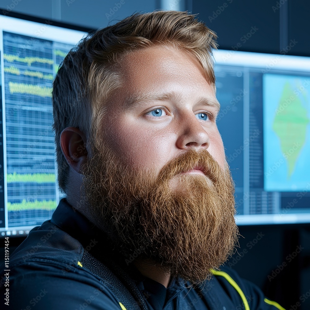 Poster focused climate scientist analyzing data on computer screens