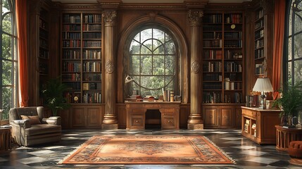Obraz premium Elegant Library Interior, Luxurious Study Room with Bookshelves and Arch Window
