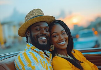 Joyful couple smiles together in a vintage car during a vibrant sunset in a lively urban setting
