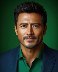 Obraz premium Asian man with a smile on his face is wearing a suit and a shirt in studio color background