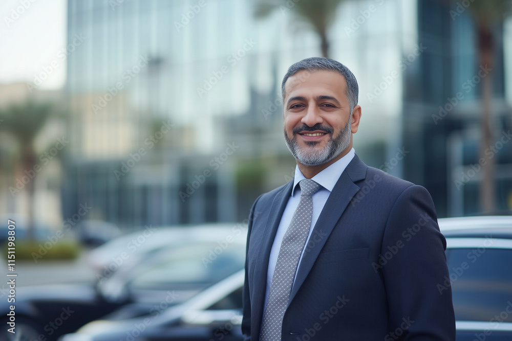 Poster man in a suit and tie stands in front of a building with a car behind him. he is smiling and he is h