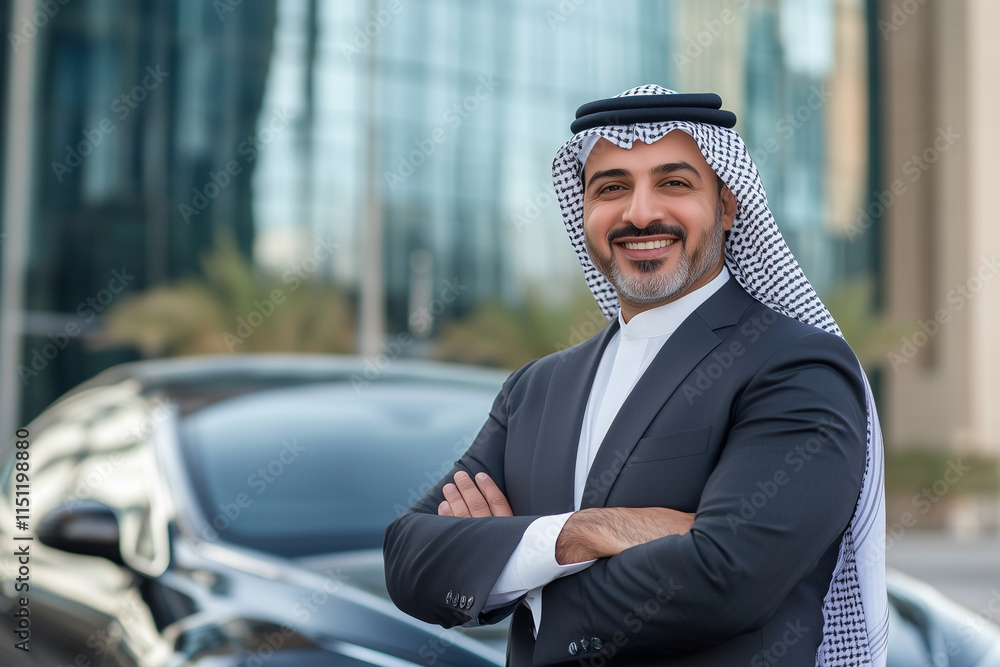 Poster man in a suit and a white scarf is standing in front of a black car. he is smiling and he is confide