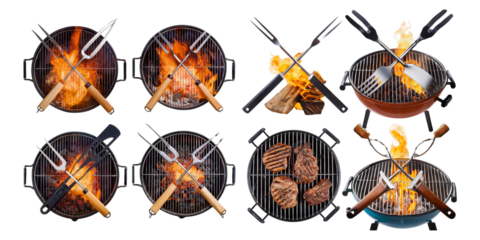 Fire and Grill Elements for Culinary Designs, PNG collection, set bundle, isolate on transparent or white background