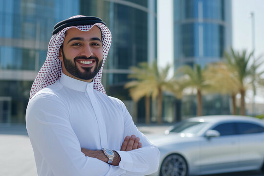 man wearing a white shirt and a red and white scarf is smiling in front of a car
