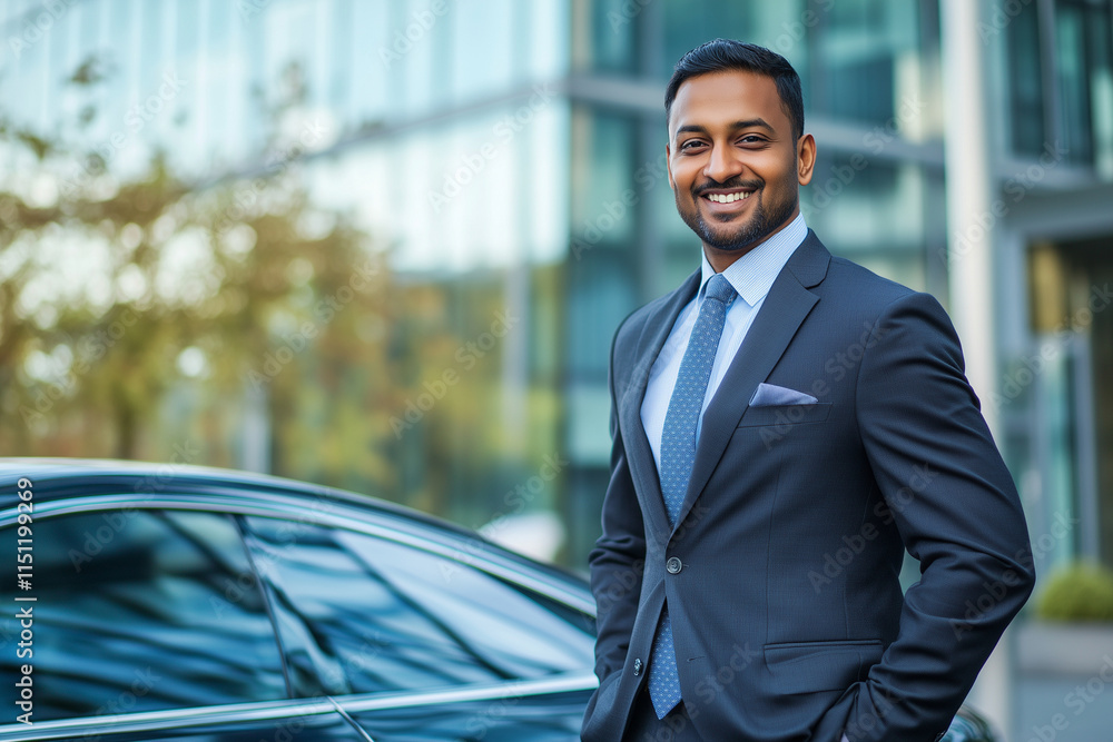 Poster man in a suit and tie stands in front of a car. he is smiling and he is happy