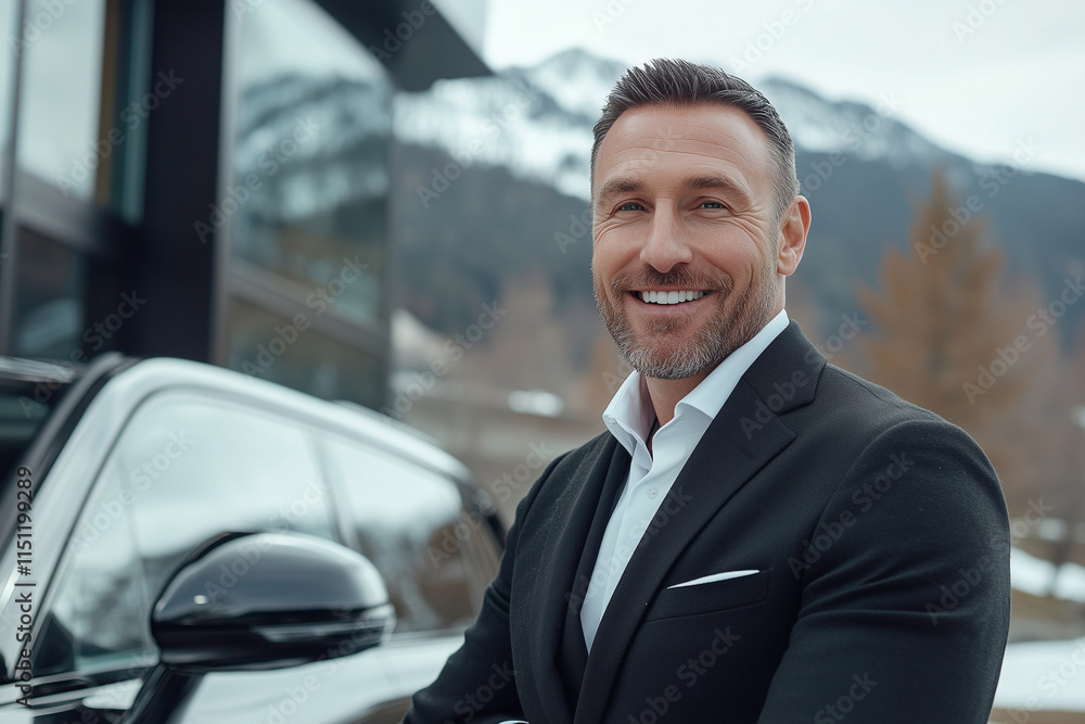 Poster man in a suit is smiling and posing in front of a car. concept of confidence and success, as the man