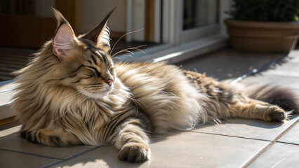 Maine Coon Cat relaxing out door tufted ears long fluffy tail patio basking sun tranquil nature sunbathing bokeh effect background