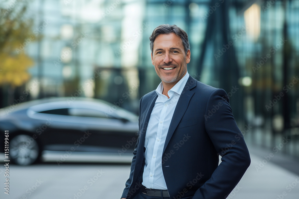 Poster man in a suit is smiling and standing in front of a building. he is wearing a black jacket and a whi