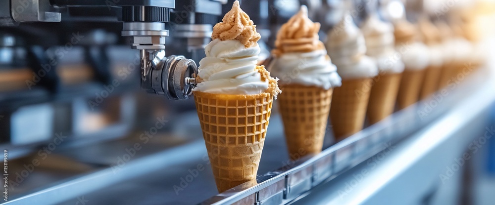 Poster ice cream cones being filled with soft-serve from a machine on a production line.