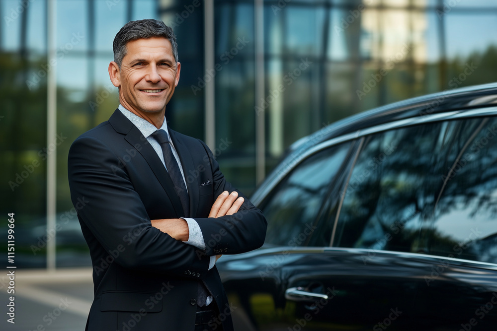 Poster man in a suit is smiling and standing in front of a building. he is wearing a black jacket and a whi