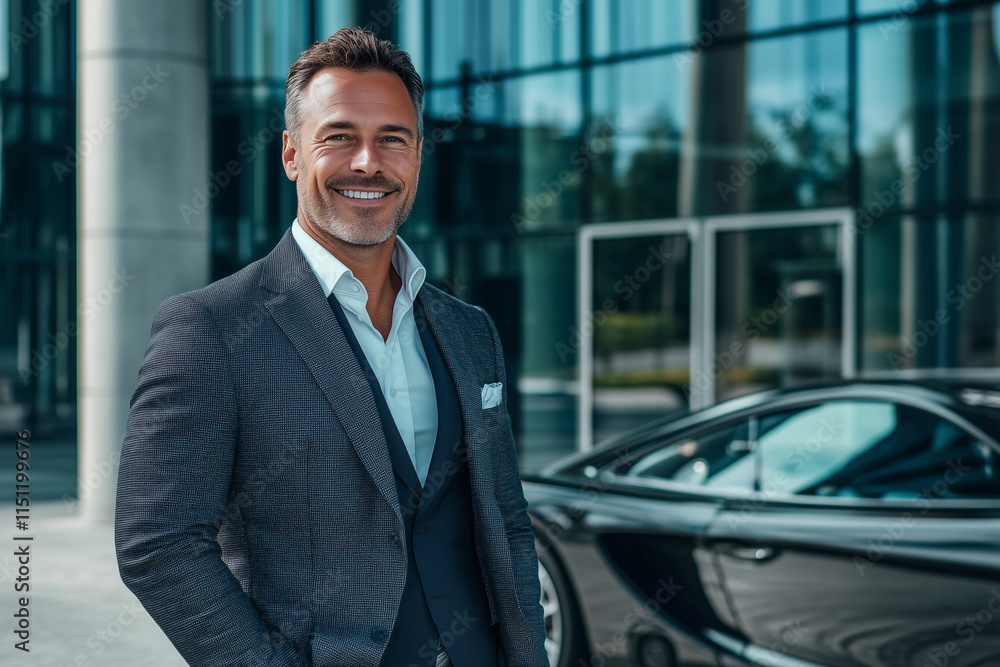 Aufkleber man in a suit and tie stands in front of a black car. he is smiling and he is happy