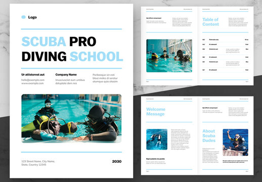 Blue And White Scuba Diving School Brochure