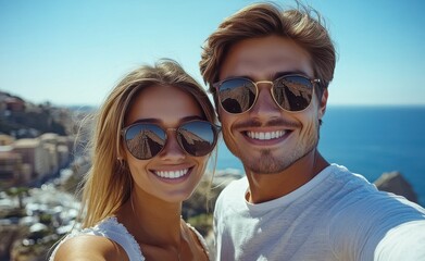 Obraz premium A couple is smiling and posing for a picture with sunglasses on