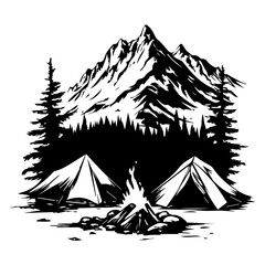 Peaceful Mountain Camping Scene: Tents, Campfire, Forest Silhouettes, and Birds Flying in a Scenic Wilderness Adventure