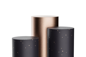 Black, pink gold cylinder pedestal podium display on empty room background. cosmetic products Minimal studio room 3d illustration
