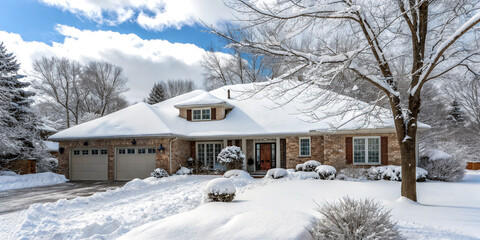 Snowstorm, house front view, winter's charm displayed