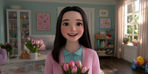 Happy Easter 3D Animated Girl Holding Tulips