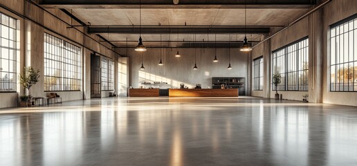 Spacious modern office interior with large windows and wooden reception desk.