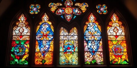Fototapeta premium Intricate stained glass window design showcasing vibrant colors and detailed craftsmanship in an old church, highlighting the beauty and artistry of stained glass window creations.