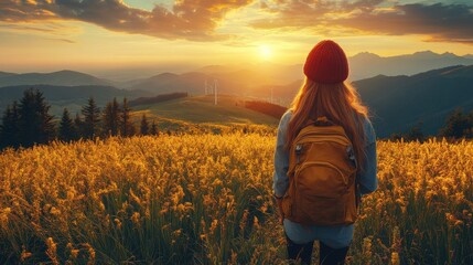 Fototapeta premium Woman enjoys a sunset view over rolling hills with wind turbines in the distance while standing in a golden meadow