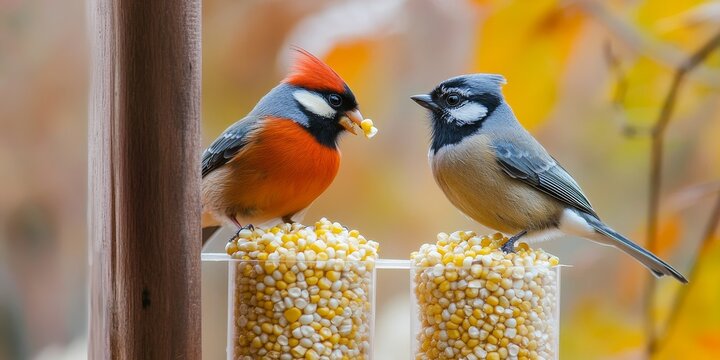 Two birds enjoying a feeding moment as they eat from a corn feeder, showcasing the delightful interaction of wildlife at a corn feeder. The corn feeder attracts these charming birds.