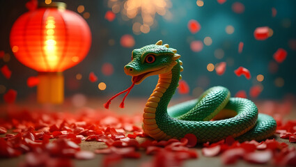Fototapeta premium Mesmerizing Cinematic Photograph of a Vibrant Green Snake with Intricate Scales Celebrating Lunar New Year 2025, AI Generative Image