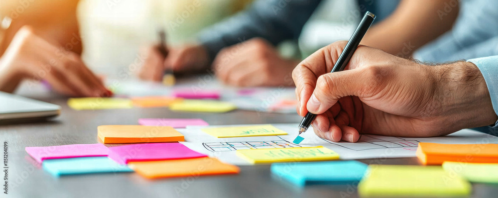 Poster business meeting note paper. collaborative brainstorming session with sticky notes and sketches.