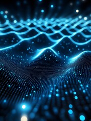 A futuristic digital grid with glowing blue nodes on a dark background, creating depth and intrigue. 