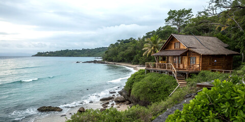 Exterior view wooden house on seashore, calm ocean breeze whispers