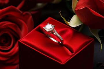 diamond ring with red rose in package box. Valentine's Day celebrations