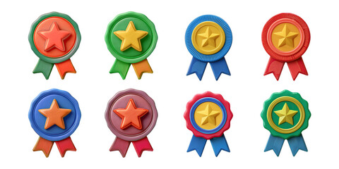 Colorful Emblems with Stars and Ribbons on Transparent Background, PNG collection, set bundle, isolate on transparent or white background
