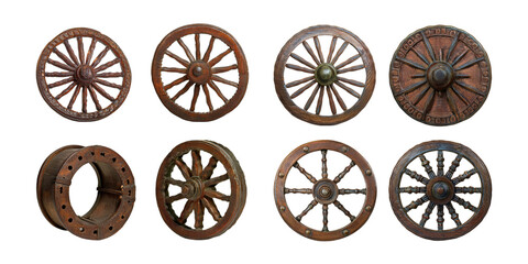 Fototapeta premium Vintage Wooden Wheels Display on Transparent Background, PNG collection, set bundle, isolate on transparent or white background