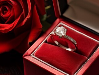diamond ring with red rose in package box. Valentine's Day celebrations