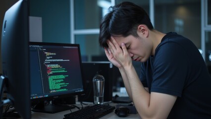 Frustrated developer at computer, facing challenges in coding and debugging, embodies the perseverance and resilience required in the tech industry.