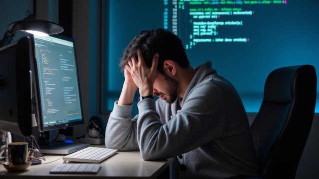 Frustrated developer at computer, facing challenges in coding and debugging, embodies the perseverance and resilience required in the tech industry.