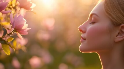 Fototapeta premium Serene Woman Amidst Blooming Flowers at Sunset