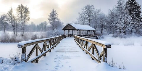 Snow-Covered Bridge Over a River: A charming wooden bridge covered in snow, spanning a gently flowing river, with snow-covered trees lining the banks.
