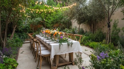 Fototapeta premium Elegant outdoor dinner party in a lush garden setting with string lights.