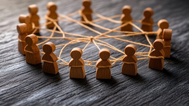 Wooden figures interconnected by string, symbolizing teamwork and networking.