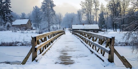 Snow-Covered Bridge Over a River: A charming wooden bridge covered in snow, spanning a gently flowing river, with snow-covered trees lining the banks.
