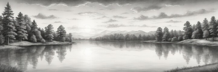Fototapeta premium Serene Lake Landscape With Majestic Mountain Range And Trees