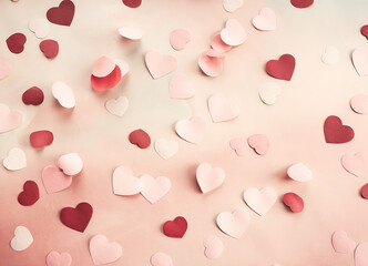 Scattered Paper Hearts on Pastel Background for Romantic Themes