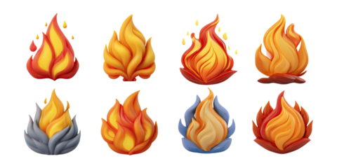 Colorful Flames and Fire Icons for Design Projects, PNG collection, set bundle, isolate on transparent or white background