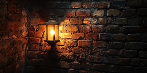 Candle lamp illuminating an antique cellar, showcasing a rustic ambiance. The candle lamp casts a warm glow against the old brick wall, creating a mesmerizing interplay of light and shadow.