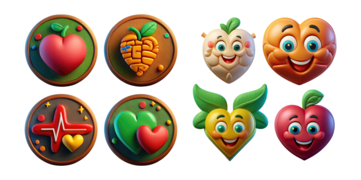 Colorful Cartoon Heart and Fruit Icons, PNG collection, set bundle, isolate on transparent or white background - Powered by Adobe