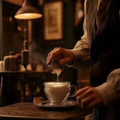  a barista frothing milk for a cappuccino in a café with a warm ambiance