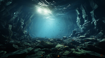 Obraz premium Underwater Cave, Dramatic Deep Sea Scene