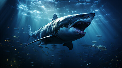 Naklejka premium Shark Hunting Prey in Deep Ocean Depths