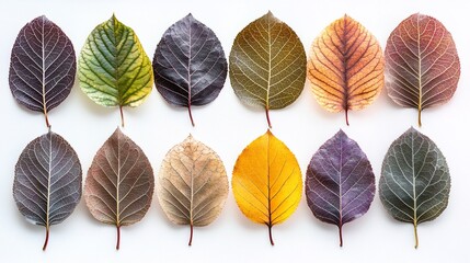 Fototapeta premium Twelve autumn leaves arranged in rows, showcasing a spectrum of fall colors against a white background.