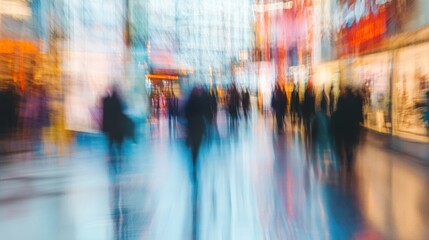 Obraz premium Dynamic abstract business background featuring blurred people at a trade show expo with a focus on business and industrial networking concepts, capturing a vibrant and professional atmosphere for corp